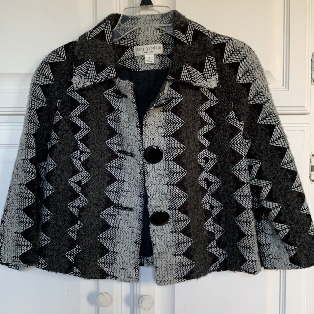 Boucle Black Gray Chevron Cropped Jacket By Lena Gabrielle Size 6 View 2